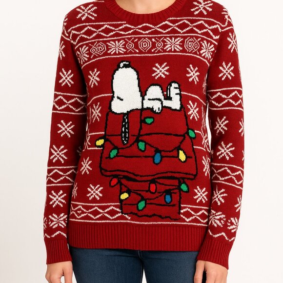 Snoopy Christmas Xmas Sweater Red Oversized Holiday Lights Peanuts Unisex - Picture 1 of 9